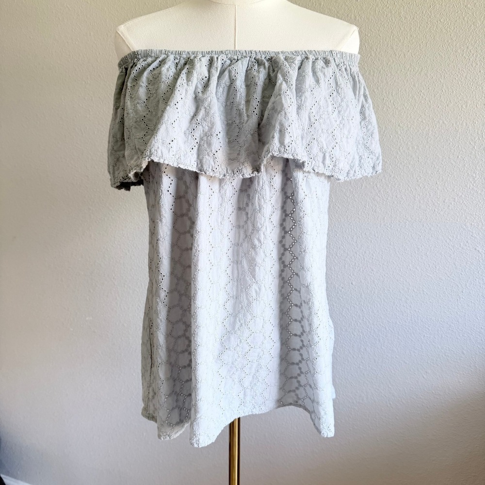 Romantic Womens Sz XL Blue Eyelet Off The Shoulder Ruffle Top Cotton Cottagecore
